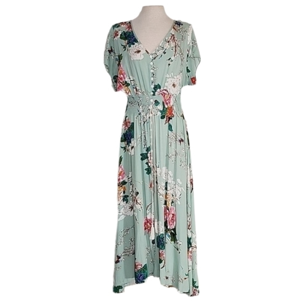 Amzplus Dress Floral Smocked Boho Tassled Tie Front Maxi Green Plus Size 3XL - Picture 3 of 16